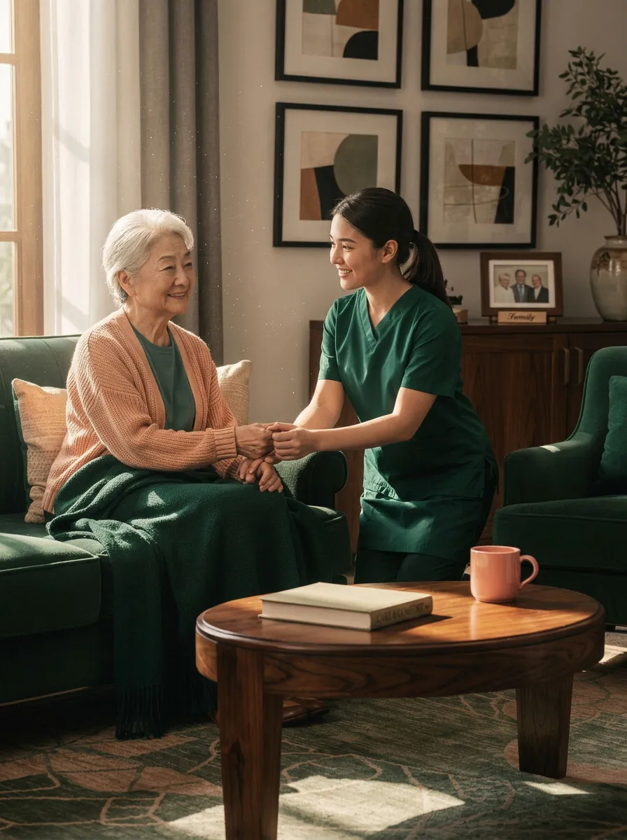 A nurse kneeling to gently hold an older woman’s hands